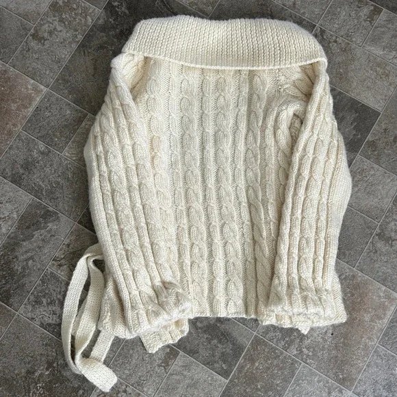 Vintage 70's-80's Cream Knit Cardigan Chunky Knit Sweater Collared Cottage VTG - Picture 2 of 9